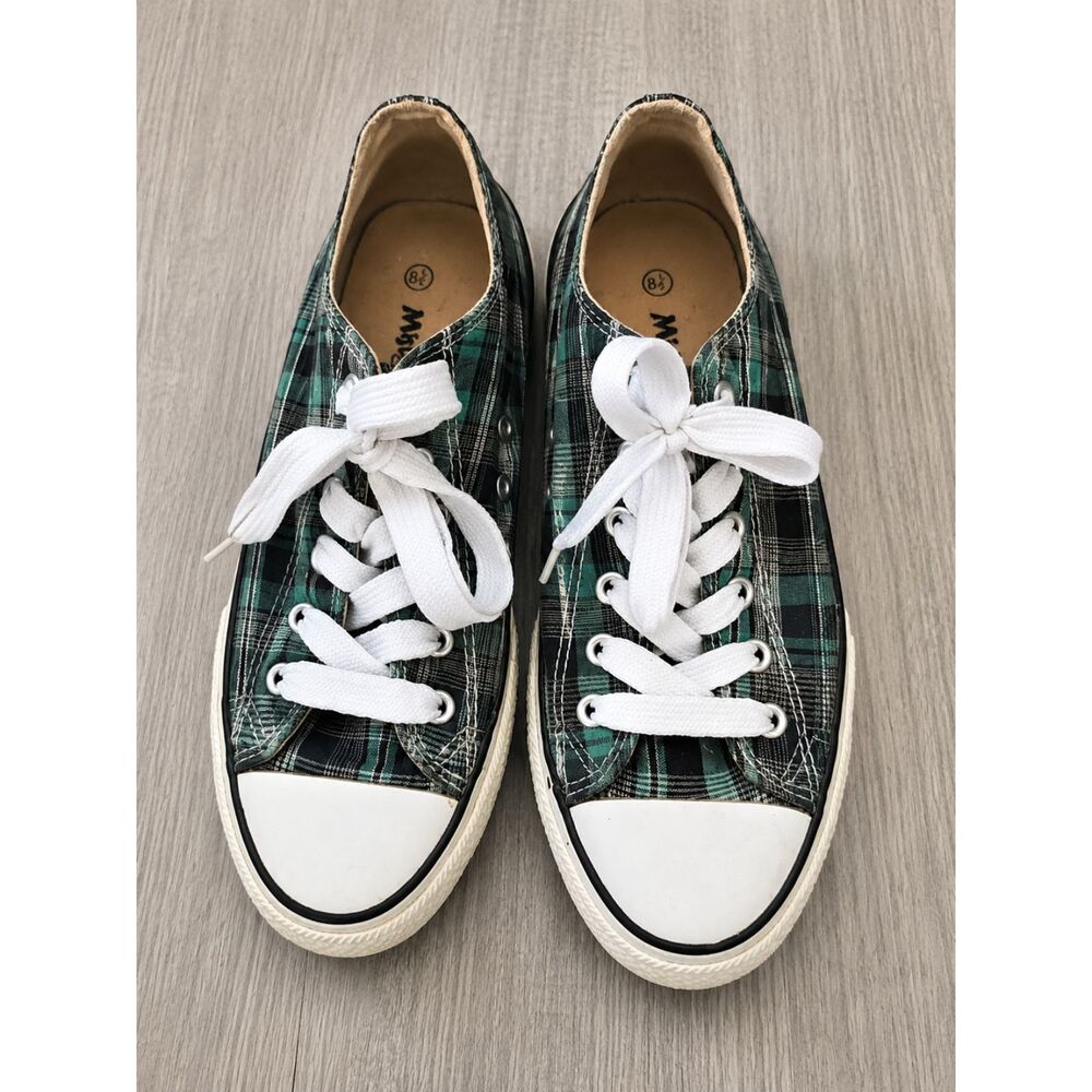 Misbehave Plaid Canvas Low Top Sneakers Women 8 1/2 Green Black Grunge Shoes